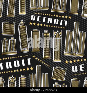 Vector Detroit Seamless Pattern, quadratischer Wiederholhintergrund mit Illustration der berühmten Stadtlandschaft von detroit auf dunklem Hintergrund für Geschenkpapier, Dekor Stock Vektor