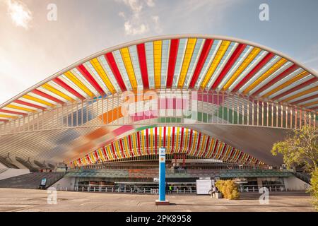 Bild vom Eingang des Bahnhofs Lüttich-Guillemins. Der Hauptbahnhof Lüttich ist der Bahnhof Lüttich-Guillemins, offiziell Lüttich-Guillemins Stockfoto