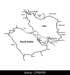 Nahost-Übersichtskarte zum Konflikt zwischen Saudi-Arabien und Iran. Bearbeitbare Vektor-EPS-Symboldarstellung. Stock Vektor