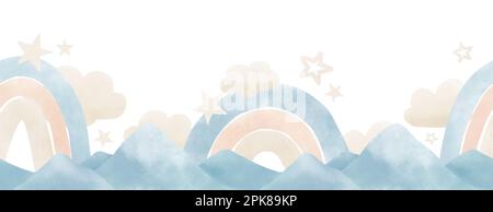Nahtlose Grenze mit Bergen und Regenbögen für Babyduschen in Pastellfarben. Handgezeichnetes Aquarellmuster mit Wolken und Sternen für Kinderbanner auf isoliertem Hintergrund. Zeichnung für kindliches Design. Stockfoto