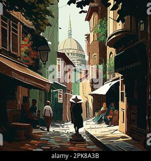 Vektordarstellung der Istanbul Turkiye-Landschaft. Abstraktes Stadtbild mit den wichtigsten Sehenswürdigkeiten bei Sonnenuntergang Stock Vektor