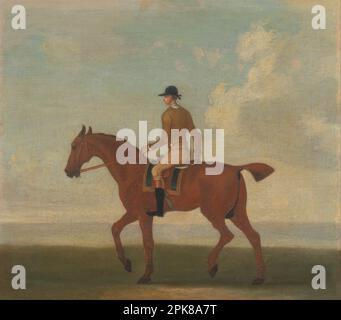 Eines von vier Porträts von Pferden - ein Chestnut-Rennpferd mit Jockey oben: Geht nach links; Jockey in puffgelber Jacke, ca. 1730 von James Seymour Stockfoto