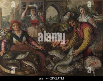 Wasser. Ein Fischmarkt mit dem wundersamen Fass der Fische im Hintergrund 1569 von Joachim Beuckelaer Stockfoto