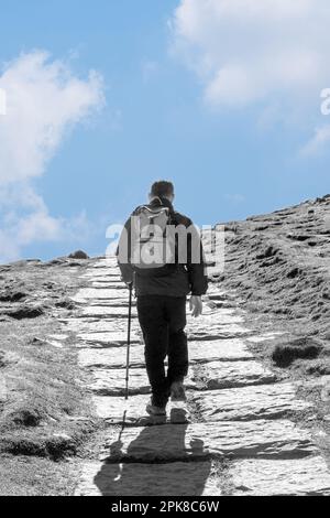 Ein Mann klettert auf die Flagsteine bis zum Gipfel des Mam Tor, dem höchsten Punkt auf dem großen Berggipfel zwischen Castleton und Hope im Peak District Stockfoto