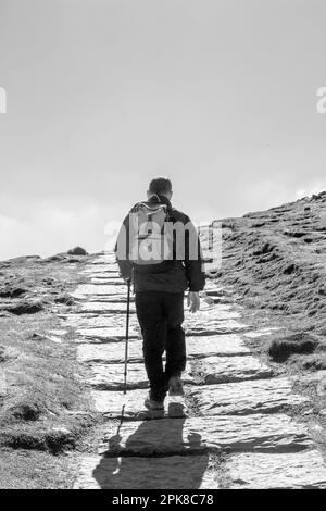 Ein Mann klettert auf die Flagsteine bis zum Gipfel des Mam Tor, dem höchsten Punkt auf dem großen Berggipfel zwischen Castleton und Hope im Peak District Stockfoto