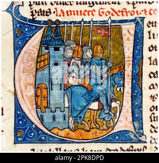 Godfrey von Bouillon (Godefroy de Bouillon, 1060-1100), Führer des ersten Kreuzzugs und erster Herrscher des Königreichs Jerusalem (1099-1100) mit vier Rittern (Kreuzritter), beleuchtete Manuskripte, um 1295-1299 Stockfoto
