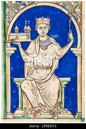 Stephen von Blois (1092 oder 1096-1154), König von England (1135-1154), mit Faversham Abbey, beleuchtetes Manuskript Porträtbild von Matthew Paris um 1250-1259 Stockfoto