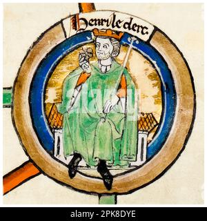 Heinrich I. von England (ca. 1068-1135), auch bekannt als Henry Beauclerc, König von England (1100-1135), beleuchtetes Manuskript-Porträtgemälde, vor 1399 Stockfoto