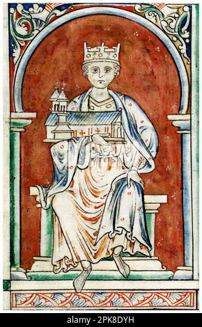 Henry I. von England (ca. 1068-1135), auch bekannt als Henry Beauclerc, König von England (1100-1135), mit Reading Abbey, beleuchtetes Manuskript Porträtgemälde von Matthew Paris um 1250-1259 Stockfoto