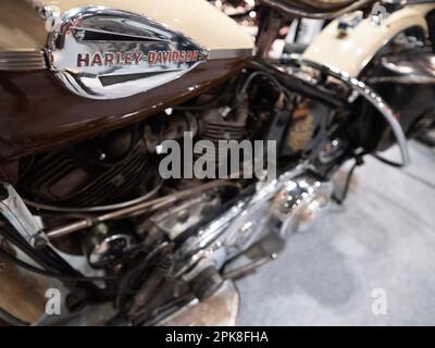 Szenen bei der Carole Nash MCN London Motorcycle Show Excel London, Harley Davison 1946 EL 1000 Knucklehead Stockfoto