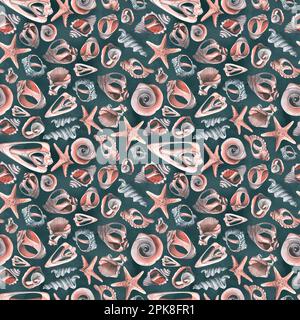 Verschiedene zerbrochene Muscheln und Seesterne auf dunklem Hintergrund. Aquarelldarstellung. Nahtloses Muster aus der Sammlung VON WALEN. Für Stoff Stockfoto