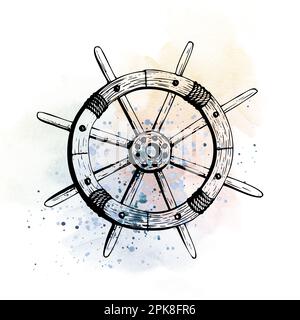 Handgezeichnetes hölzernes Schiffslenkrad in Grafiktechnik auf dem Hintergrund von wasserfarbenen Flecken und Spritzwasser. Illustration, Meereszusammensetzung Stockfoto