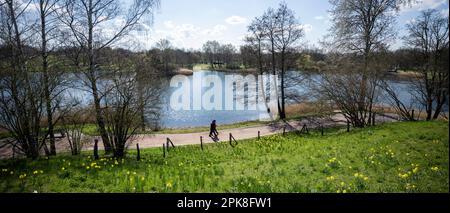 06. April 2023, Berlin: Zwei Personen im Britzer Garten. Der Park ist seit Anfang März wieder für Besucher geöffnet. Foto: Hannes P. Albert/dpa Stockfoto