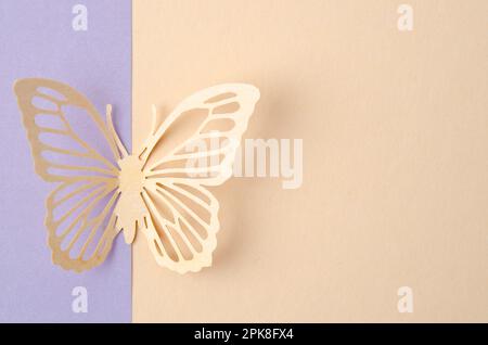 Schmetterling aus geschnitztem Papier oder Schneiden auf schönem Hintergrund mit leerem Platz für Ihren Text oder Ihre Nachricht. Stockfoto