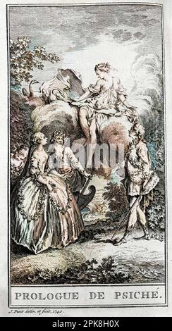 Representation d'une Scene de la Piece 'Prologue de Psyche' de Jean Baptiste Poquelin dit Moliere (1622-1673). Gravure de 1740. "Les Œuvres de Monsieur de Molière. Nouvelle édition. Revue, corrigée et augmentée. Enrichie de Figures en Taille-douce." Photo Colorié ultérieurement Stockfoto