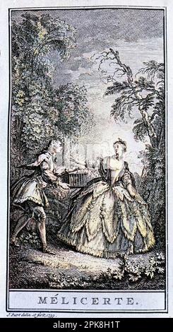 Representation d'une Scene de la Piece 'Melicerte' (1666) de Jean Baptiste Poquelin dit Moliere (1622-1673). Gravure de 1739. "Les Œuvres de Monsieur de Molière. Nouvelle édition. Revue, corrigée et augmentée. Enrichie de Figures en Taille-douce." Photo Colorié ultérieurement Stockfoto