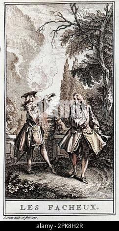 Representation d'une Scene de la Piece 'Les facheux' (1661) de Jean Baptiste Poquelin dit Moliere (1622-1673). Gravure de 1739. "Les Œuvres de Monsieur de Molière. Nouvelle édition. Revue, corrigée et augmentée. Enrichie de Figures en Taille-douce." Photo Colorié ultérieurement Stockfoto