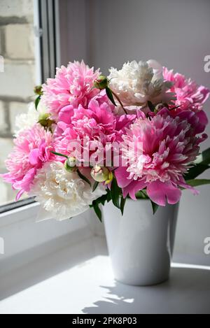 Blick auf einen Strauß rosa Pfingstrosen, der in einer Vase am Fenster steht. Konzepthintergrund, Blumen, Feiertage Stockfoto