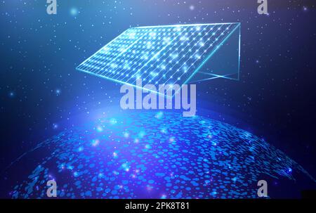 Solarbatterie, Solarmodul. Konzept für erneuerbare alternative Energien mit leuchtendem Low-Poly-Panel. Abstrakte futuristische Vektordarstellung Stock Vektor