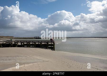 Legen Sie bei Ebbe über die Schlammebenen der Somme Bay, Le Crotoy, Hauts-de-France, Frankreich, Europa Stockfoto