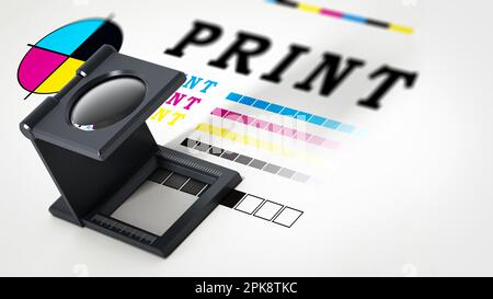 Lupe stehen auf Farbe Test Papier gedruckt wird. 3D Illustration. Stockfoto