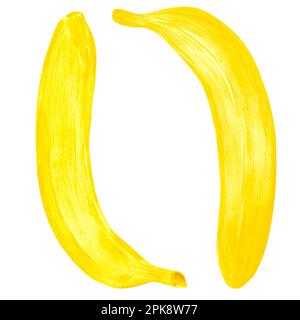 Handgezeichnete gelbe Banane in Aquarellfarbe. Leaves isoliert auf weißem Hintergrund. Kann für Karten, Muster und Etiketten verwendet werden Stockfoto