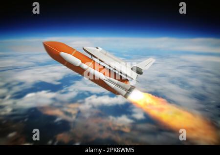 Space Shuttle auf der Rakete und die Erde im Hintergrund. 3D Abbildung. Stockfoto