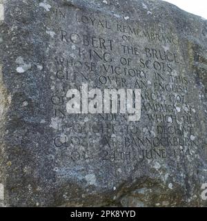 Einzelheiten des Wortlauts zu Bruces Stane, Glen Trool, Galloway Forest Park, Dumfries und Galloway, Schottland, Großbritannien Stockfoto