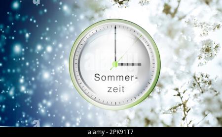 Uhr, das Drehrad zeigt drei Uhr an, Symbol für die Zeitumstellung auf Sommerzeit [M]. Stockfoto