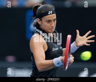 Caroline Garcia von Frankreich in Aktion beim Australian Open 2023 Tennis Tournament, Melbourne Park, Melbourne, Victoria, Australien. Stockfoto