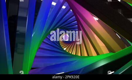 Mehrfarbig leuchtender dreieckiger Tunnelhintergrund, abstrakter 3D-Tunnel Stockfoto