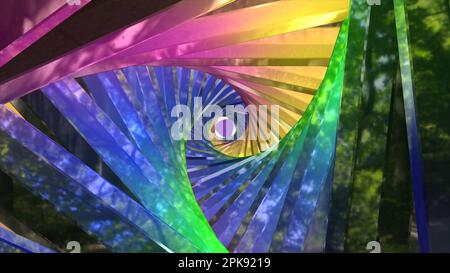 Leuchtendes Neonringlicht im Tunnel. Mehrfarbig leuchtender dreieckiger Tunnelhintergrund, abstrakter 3D-Tunnel Stockfoto