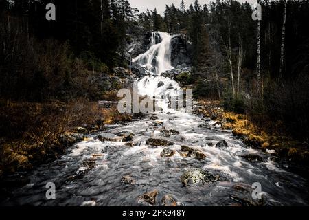 Der Wasserfall Elgafossen bei Vassbotten. Der Wasserfall bildet die Grenze zwischen Schweden und Norwegen Stockfoto