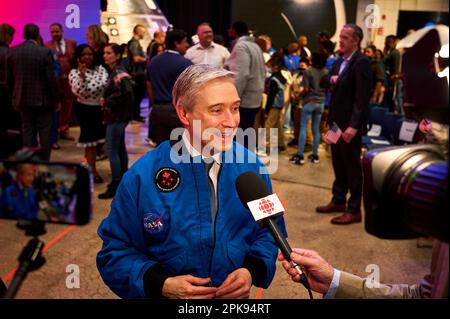 Minister Francois-Philippe Champagne gibt am 3. April 2023 ein Interview bei der Ankündigungsveranstaltung der Artemis II Crew in Houston, USA. Stockfoto