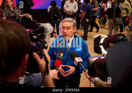 Minister Francois-Philippe Champagne gibt am 3. April 2023 ein Interview bei der Ankündigungsveranstaltung der Artemis II Crew in Houston, USA. Stockfoto