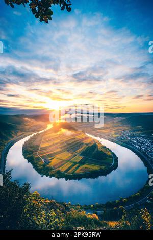 Die Mosel, wunderschönes Herbstfoto von einem Aussichtspunkt mit Blick auf die 180°-Schleife im Herbst Stockfoto