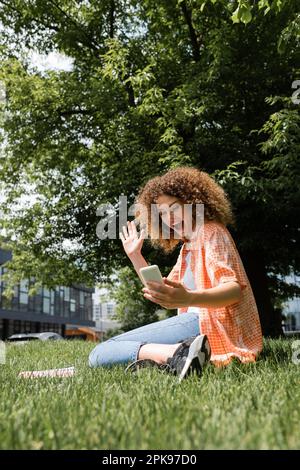 Aufgeregte Frau mit lockigem Haar, die während eines Videogesprächs auf dem Smartphone mit der Hand winkt, während sie auf dem Rasen im grünen Park sitzt, Stockbild Stockfoto