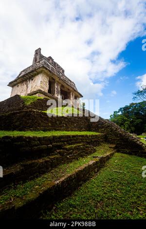 Wunderschöne Pyramiden in der archäologischen Stätte Palenque in Mexiko. Lebendiges Landschaftsfoto. Stockfoto