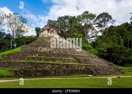 Wunderschöne Pyramiden in der archäologischen Stätte Palenque in Mexiko. Lebendiges Landschaftsfoto. Stockfoto