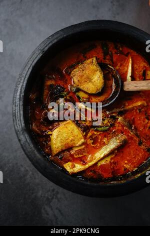 Hausgemachtes Kerala-Fisch-Curry mit gekochtem Reis Stockfoto