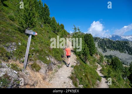 Speikboden, Sand in Taufers, Provinz Bozen, Südtirol, Italien. Ein Kletterer auf dem Weg zum Speikboden über Ferrata Stockfoto