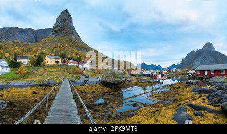 Panorama, Norwegen, Lofoten, Moskenesoya, Moskenen, Reine, Reinebringen, Horn Stockfoto