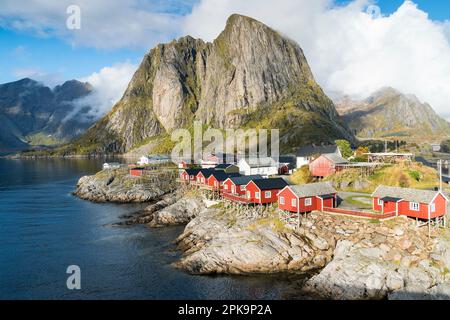 Norwegen, Lofoten, Rastplatz Toppoya, Blick über Breisundet nach Hamnoy Stockfoto