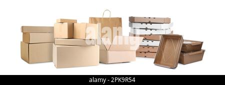 Set mit verschiedenen Pappkartons und Papiertüte auf weißem Hintergrund. Bannerdesign Stockfoto