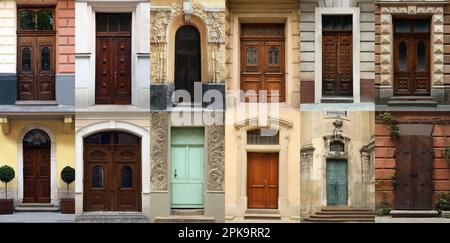 Collage mit Fotos von alten Gebäuden mit eleganten Holztüren. Bannerdesign Stockfoto