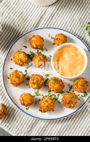 Frittierte Ziegenkäsekugeln als Vorspeise mit Dippsoße Stockfoto