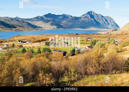 Norwegen, Lofoten, Bostad, Torvdalshalsen, Rastplatz, Blickpunkt Stockfoto