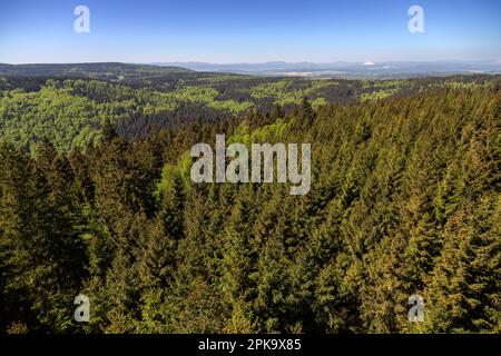 06.05.2018, Deutschland, Thüringen, Ruhla - Blick vom 21m m hohen Carl Alexander Aussichtsturm, der 1867 auf dem Ringberg im Thüringer Wald erbaut wurde. 00 Stockfoto