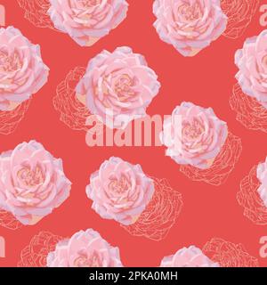 Nahtloses Design mit Rosenmuster für modisches Material. Trendige pinkfarbene Rosen auf grauem Hintergrund mit braunen Blättern. Modischer Textildruck. Trendige Eleganz Stock Vektor