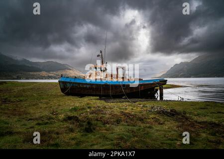 Gestrandetes Schiff in Loch Duich, Schottland, Vereinigtes Königreich, Europa Stockfoto